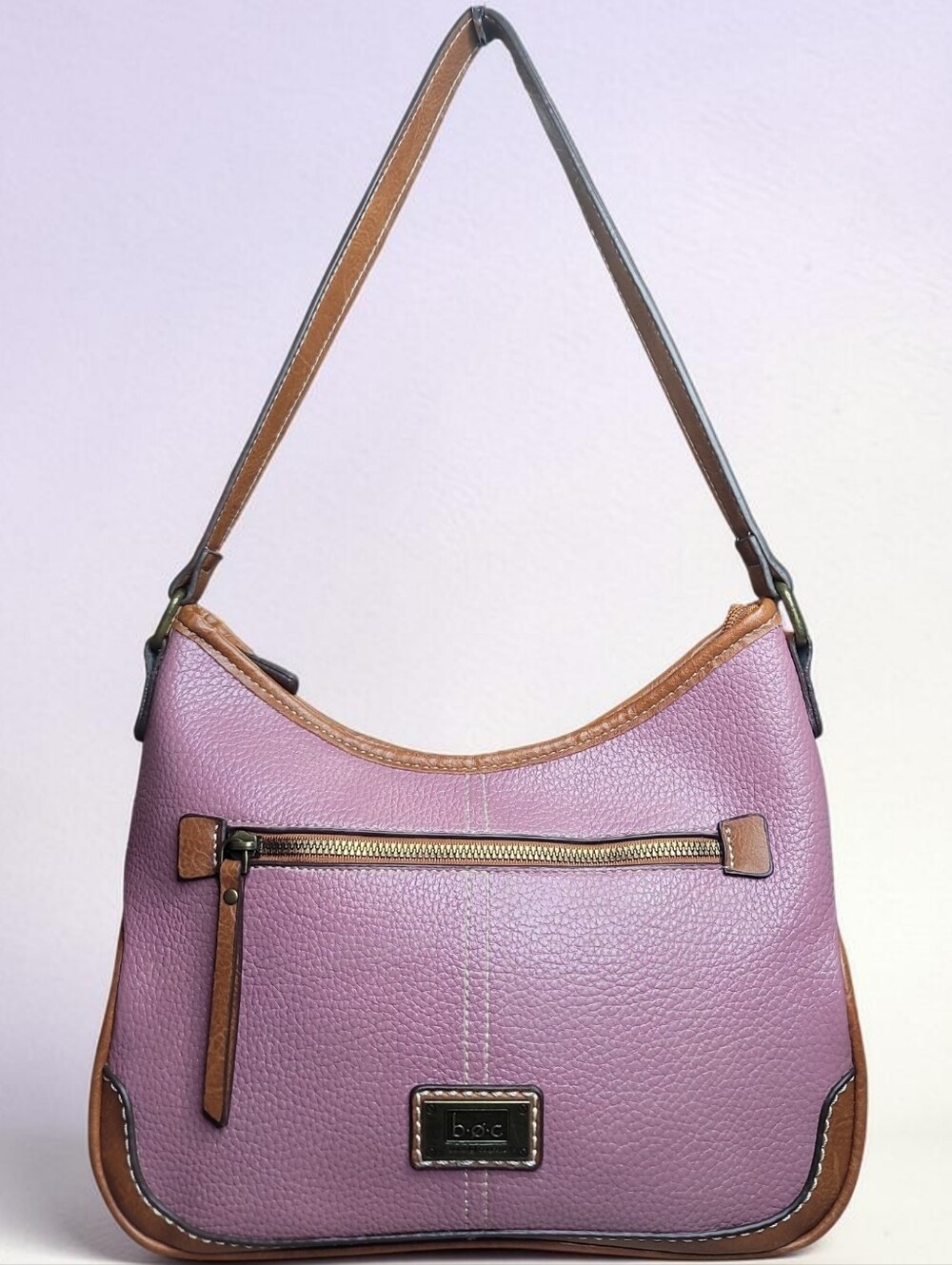 b.o.c. Mauve Pebbled Leather Shoulder Bag with Tan Trim EUC